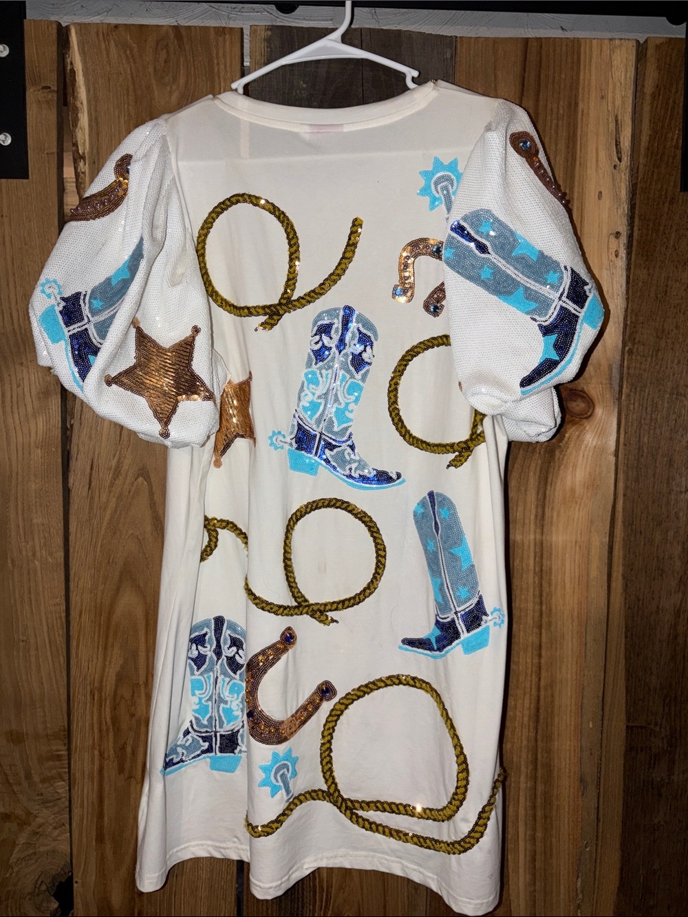 Queen of Sparkles Cream/White Western Boot & Rope Graphic Dress Size Large - Picture 2 of 2